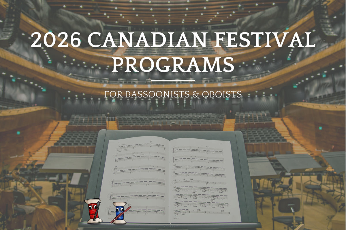 text of "2026 Canadian Festival programs for Bassoonists and Oboists" with a view from the stage over some sheet music