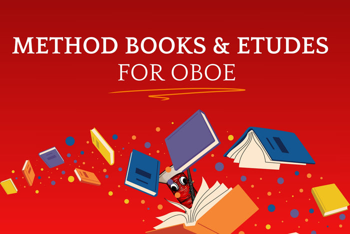 method books and etudes for oboe in text, with cartoon books flying about