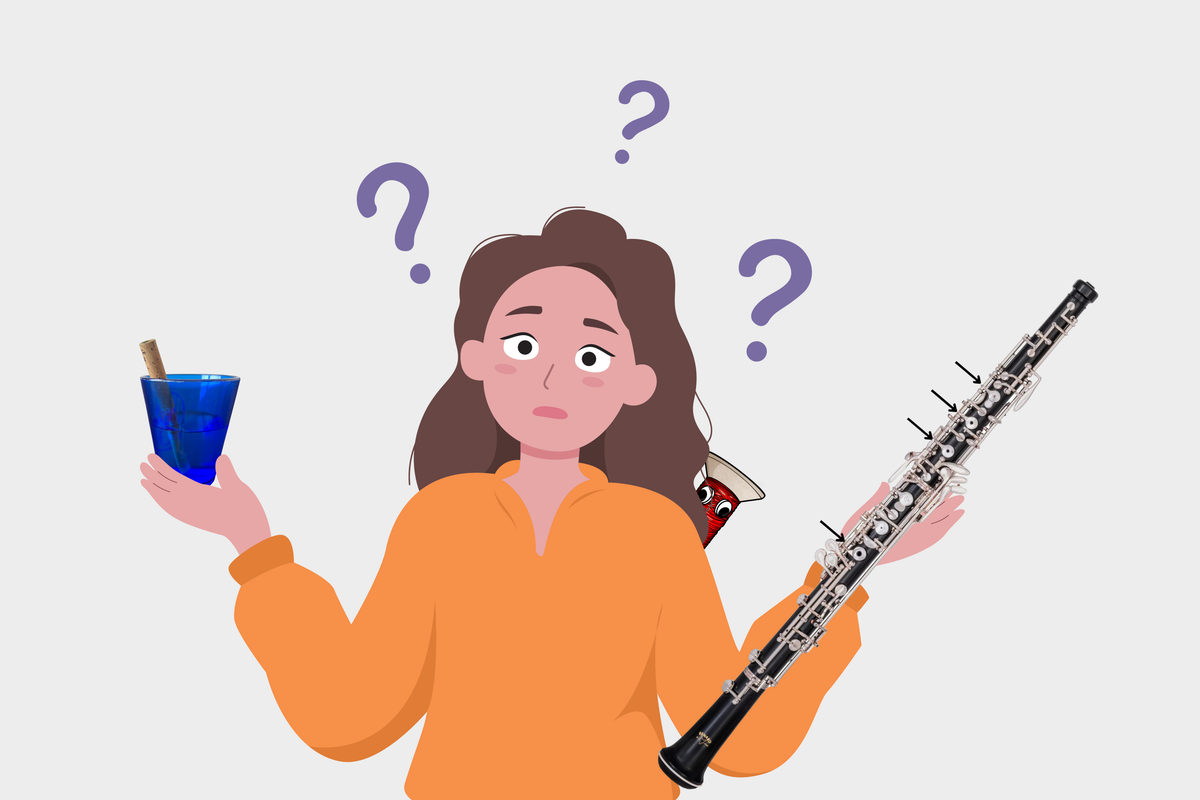 Woman holding Oboe and water cup with soaking reed. Mascot peaking over shoulder.